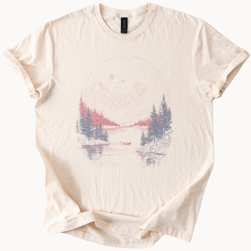 Mountain Lake Landscape Graphic Tee Retro Engraved Nature Art